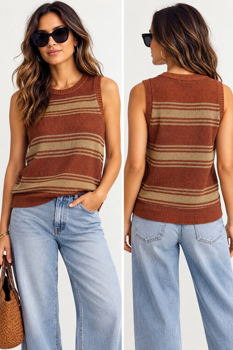 Zara Linen Blend Striped Knit Sweater Vest Rust Beige Sleeveless Top M NWT